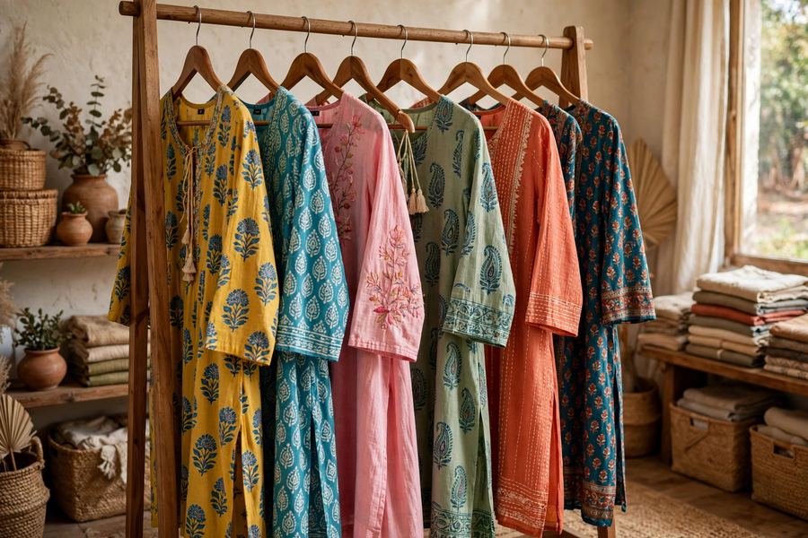 Colorful kurtis on a rack