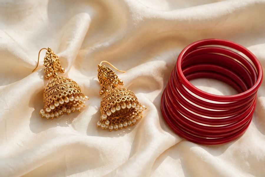 Gold jhumkas and red bangles